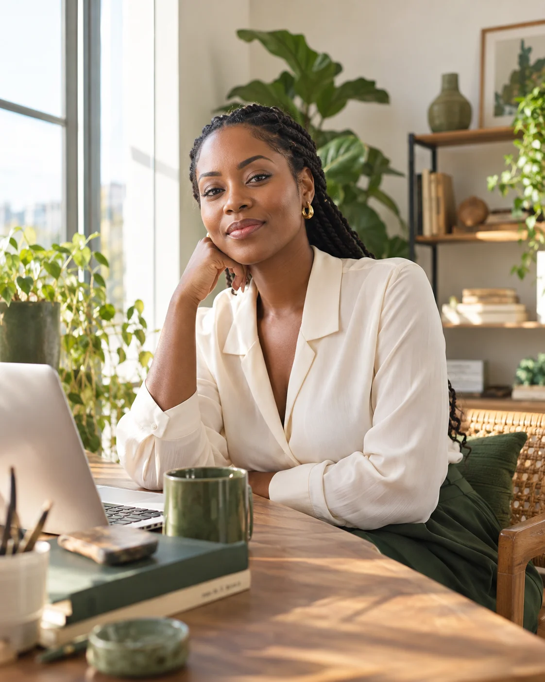 A professional enjoying a calm moment in her sunlit workspace