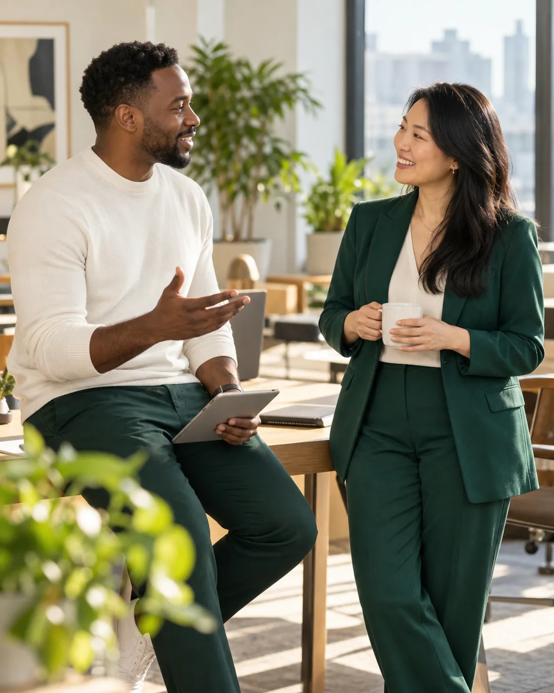 Two professionals sharing a conversation in a modern workspace