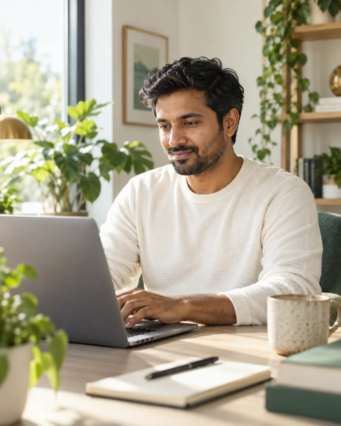 A professional working at his laptop in a bright home office
