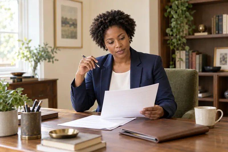 A professional carefully reviewing application documents