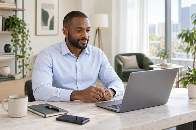 A professional preparing for an interview at his laptop