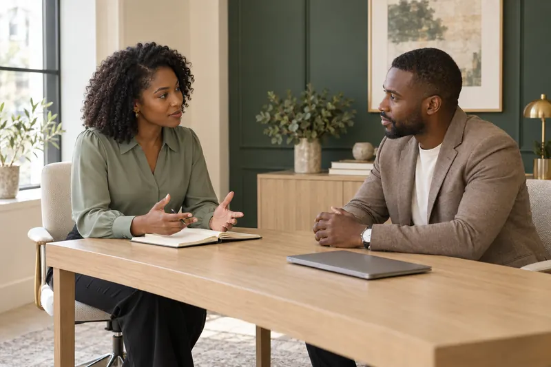 Two professionals discussing career goals and experience